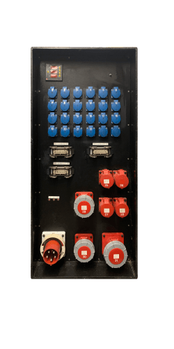 Distribution Box CEE 400V 125A (5p) -> CEE 400V 125A (5p) + 2 CEE 400V 63A (5p) + 4 CEE 400V 32A (5p) + 24 Schuko / 3 Harting (met DIFF)
